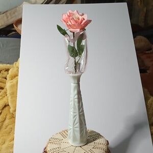 Elegant White Geometric Milk Glass 9 Inch Vase